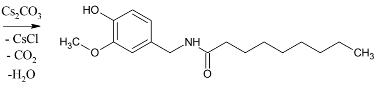 Strukturformel eines aromatischen Moleküls mit Hydroxy/Methoxy und Amid an langer Alkylkette; Reagenzien links.